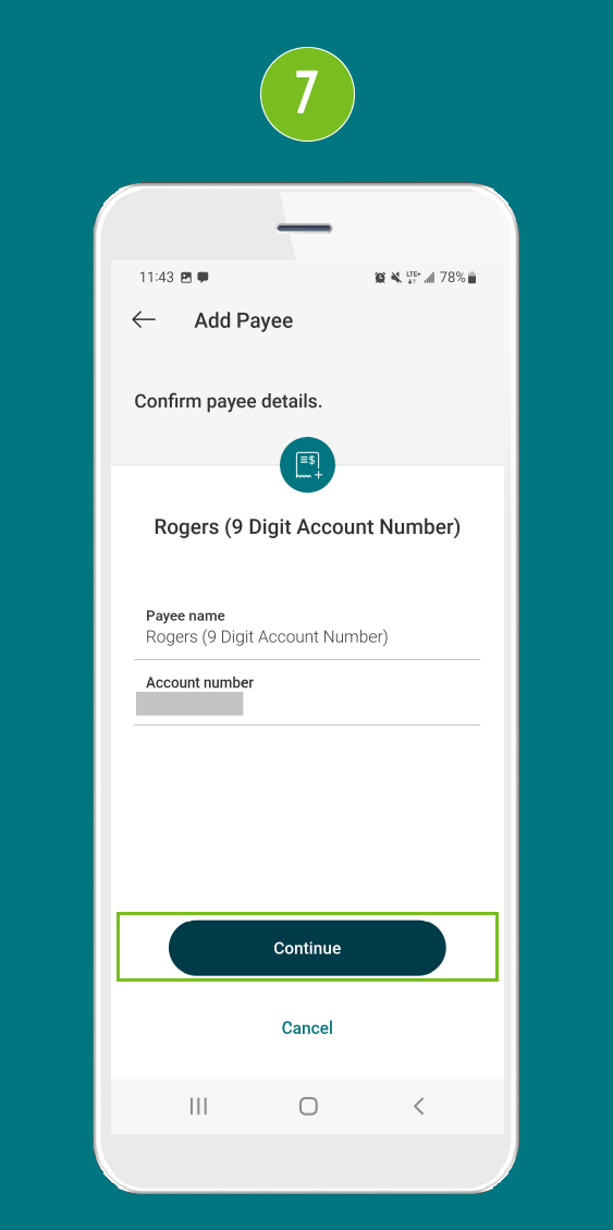 Add Payee screen to review payee details, with focus on the Continue button to confirm and proceed.