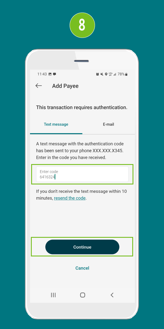 Add Payee screen with focus on the ‘Enter the code’ field, and a Continue button to proceed.