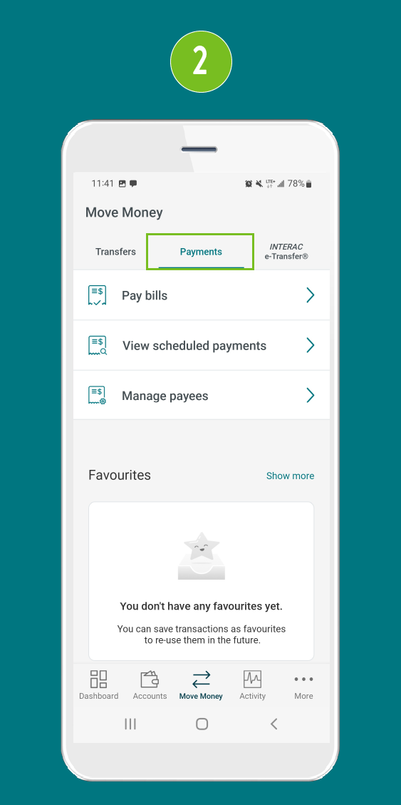 Screenshot of the ‘Move Money’ screen in a mobile banking app, with the ‘Payments’ button visually highlighted.