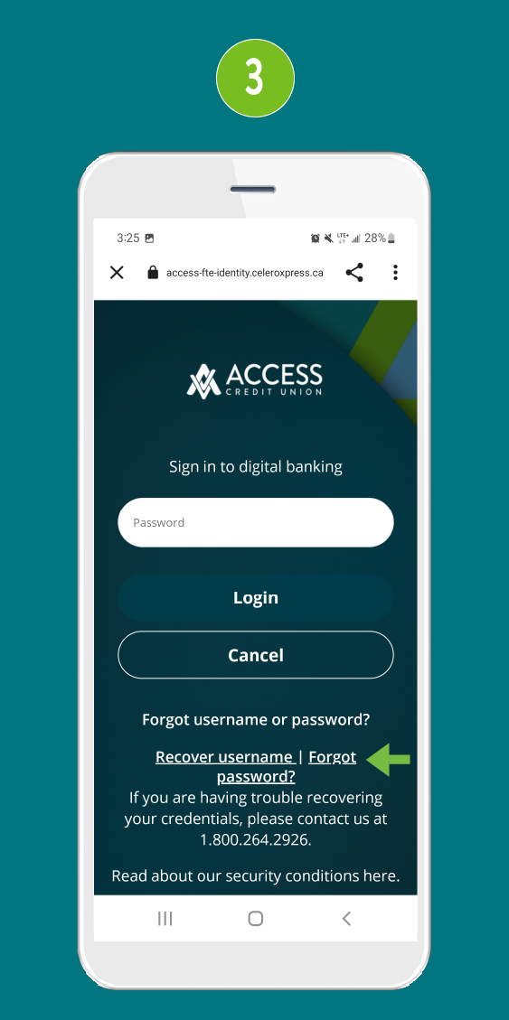 Digital banking sign-in screen in a mobile banking app, with an arrow indicating the location of the ‘Forgot Password?’ link for password recovery.