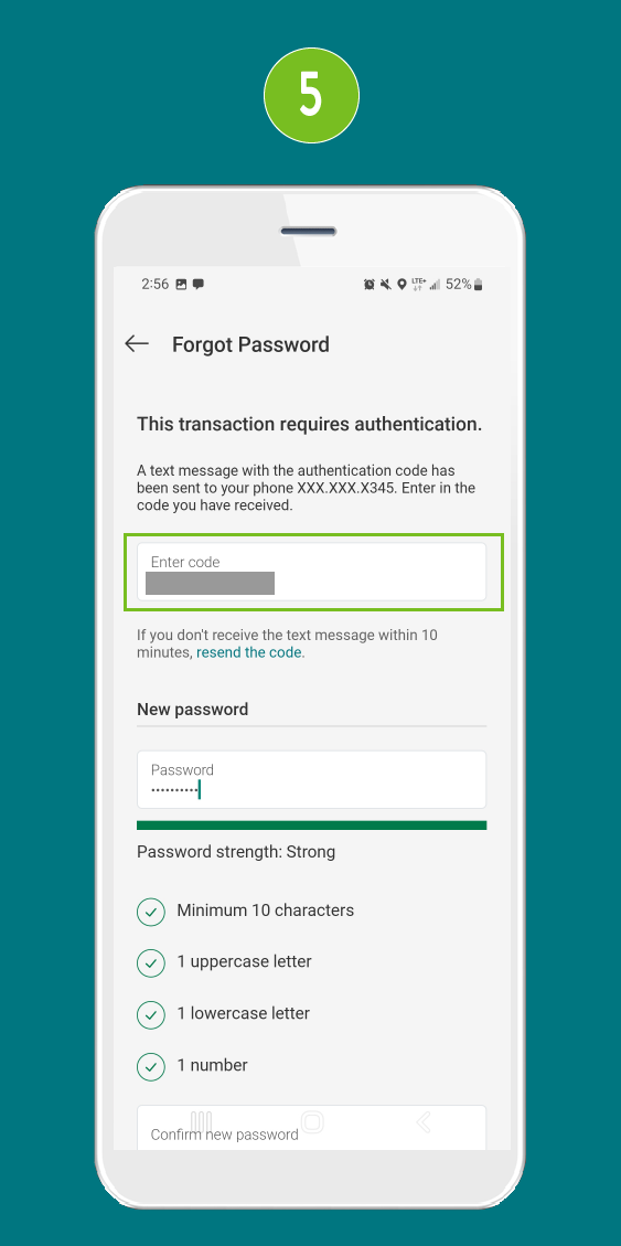 Mobile banking app screen with focus on the ‘Enter code’ input field for verification.