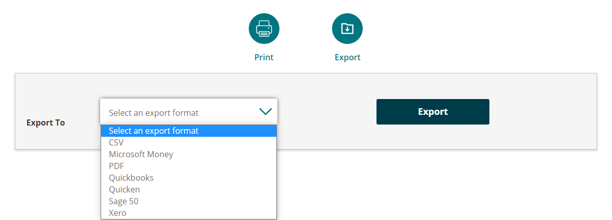 Screenshot of desktop online banking interface showing an 'Export' button and a dropdown list labeled 'Export to' with available file format options.