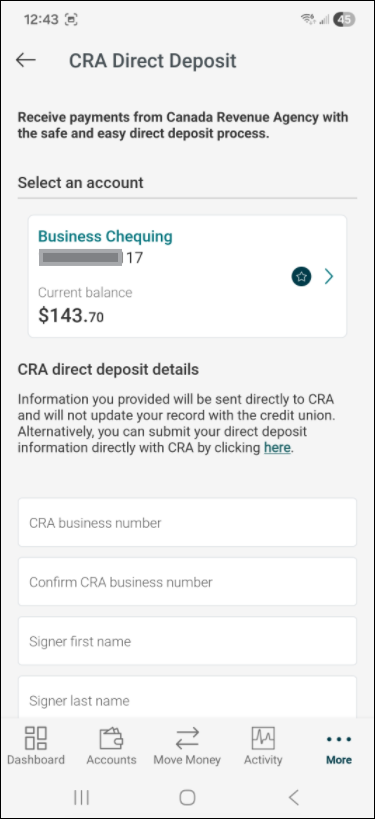 CRA Direct Deposit page with Business Chequing account selected.